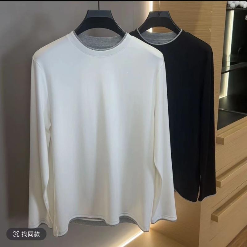 绅度小钱风男装 秋季新款20v25设计感拼接T恤男士圆领长袖宽松上