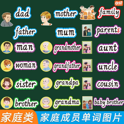 英语家庭成员分类单词闪卡教具