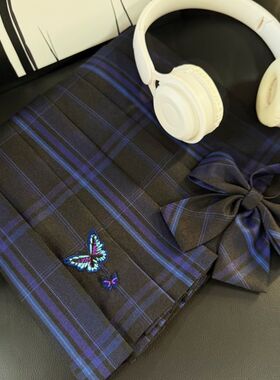 初田町【墨语蝶】jk制服原创正版格裙紫色校供感蝴蝶刺绣半身裙