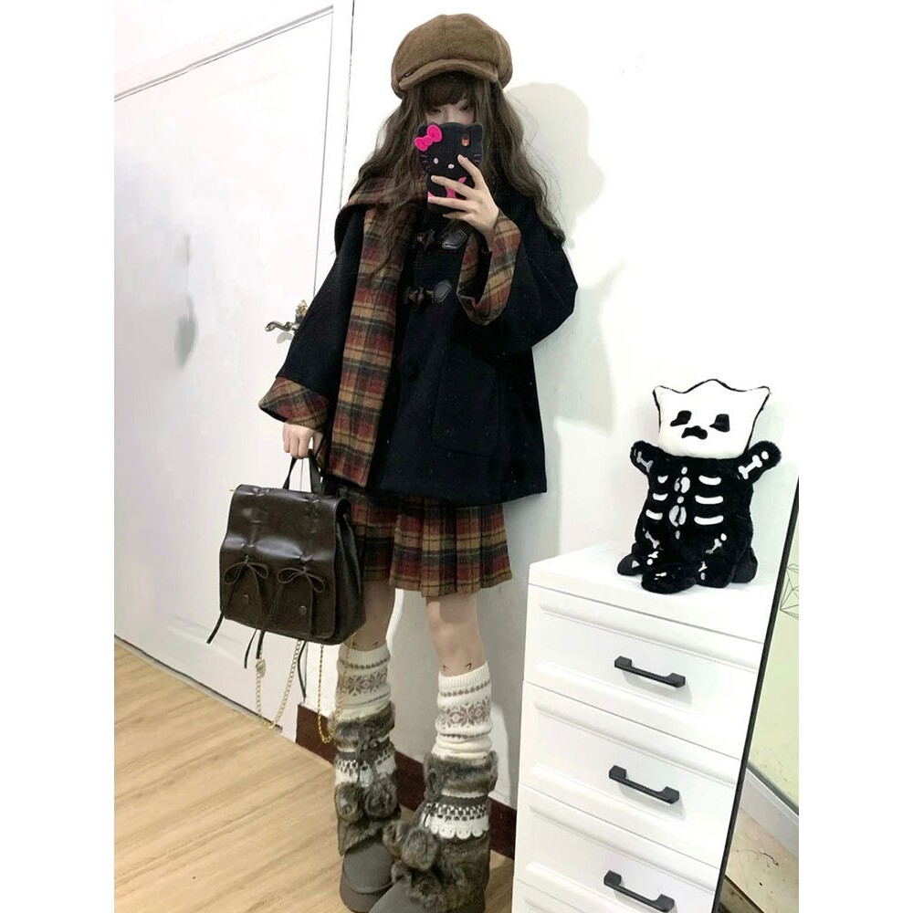 扶光 JK制服魔法学院风套装格纹围巾校供感牛角扣大衣+短裙两件套