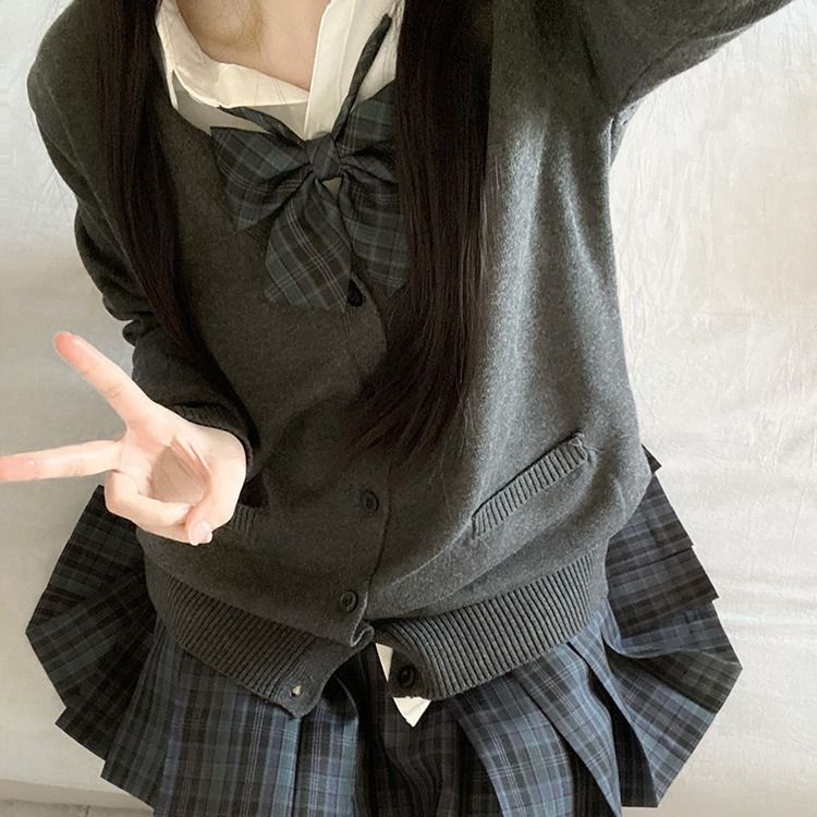 甜嗑原创jk制服美拉德秋冬套装毛衣开衫外套格裙衬衫叠穿校供感女