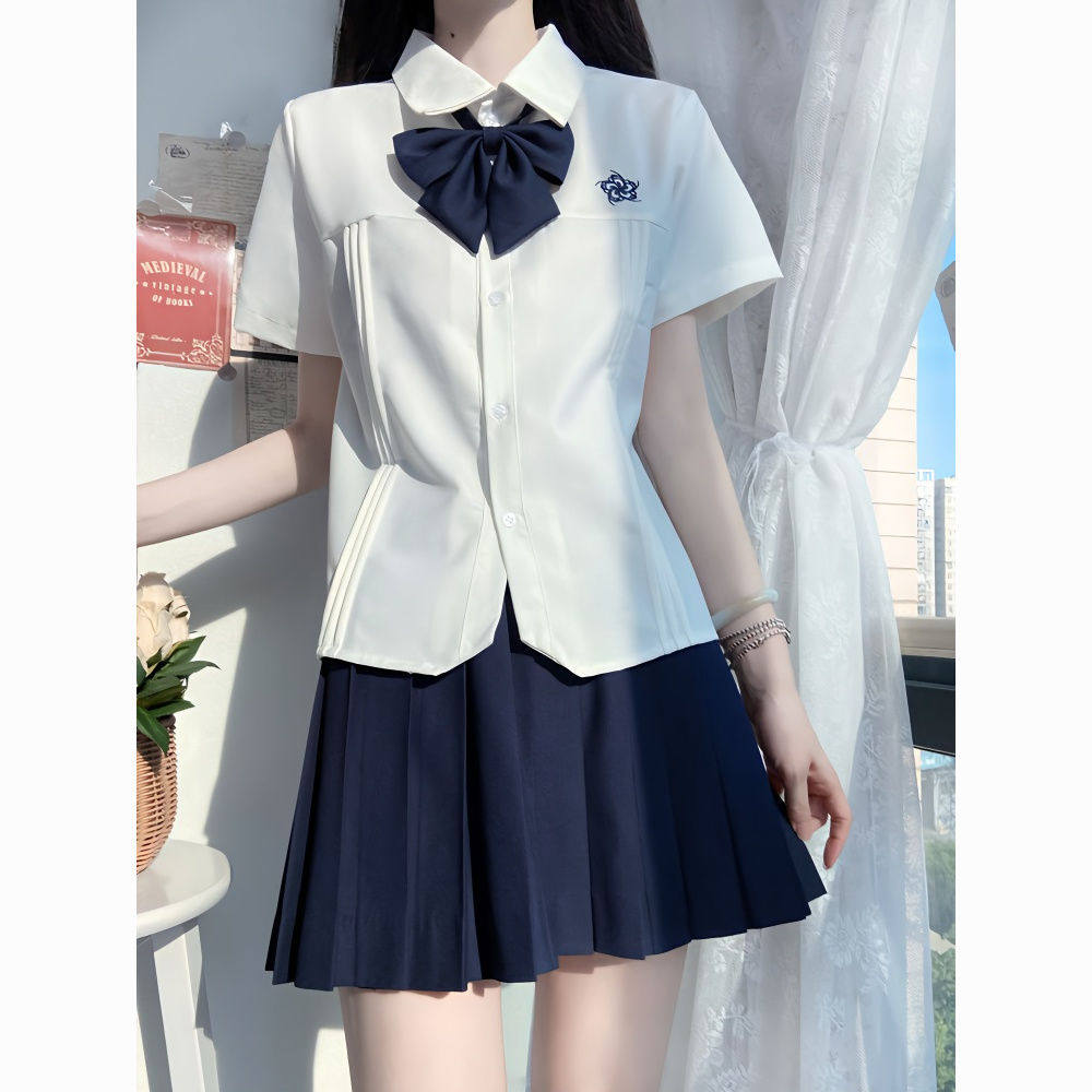 原创jk衬衫刺绣方领泰式风琴褶衬衣女百搭显瘦jk上衣夏装套装