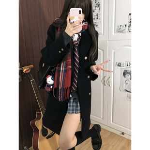 空栗鼠丸原创jk制服毛呢大衣外套女秋冬季学院风小个子黑色中长款