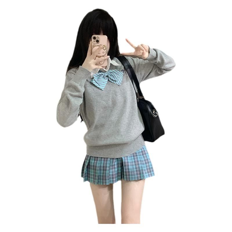 正版学院风jk制服裙子套装女秋冬原创日系毛衣衬衫百褶短裙三件套