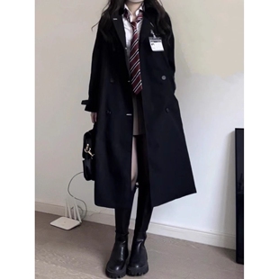 高级感jk制服风衣外套中长款学院风女春秋季黑色大衣套装2025新款