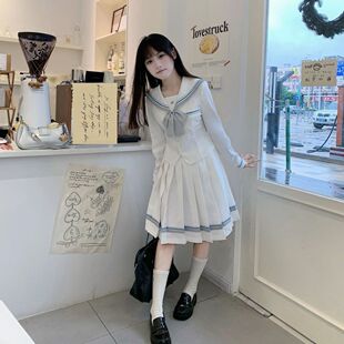 lulucake小栀长袖水手服收腰jk制服中间服秋日系白色学院风套装女