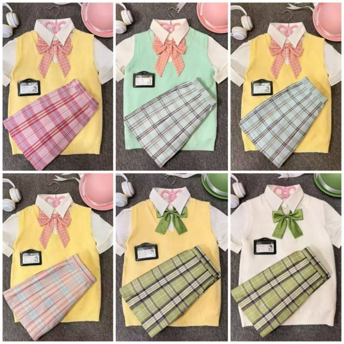 【叠穿五件套】川町香JK正版制服套装毛衣背心衬衫格裙学院风女