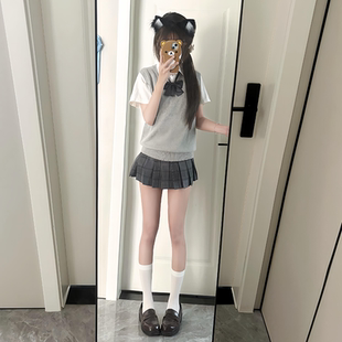 原创正版jk制服套装女秋冬校供百褶短裙子v领马甲衬衫格裙三件套