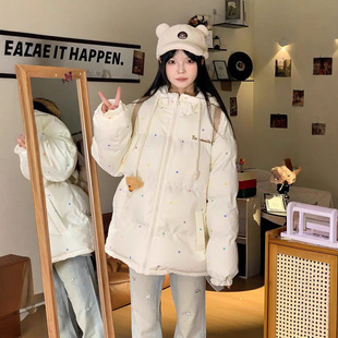 可爱小熊波点连帽棉服外套女2024冬季新款厚实保暖小个子宽松棉衣
