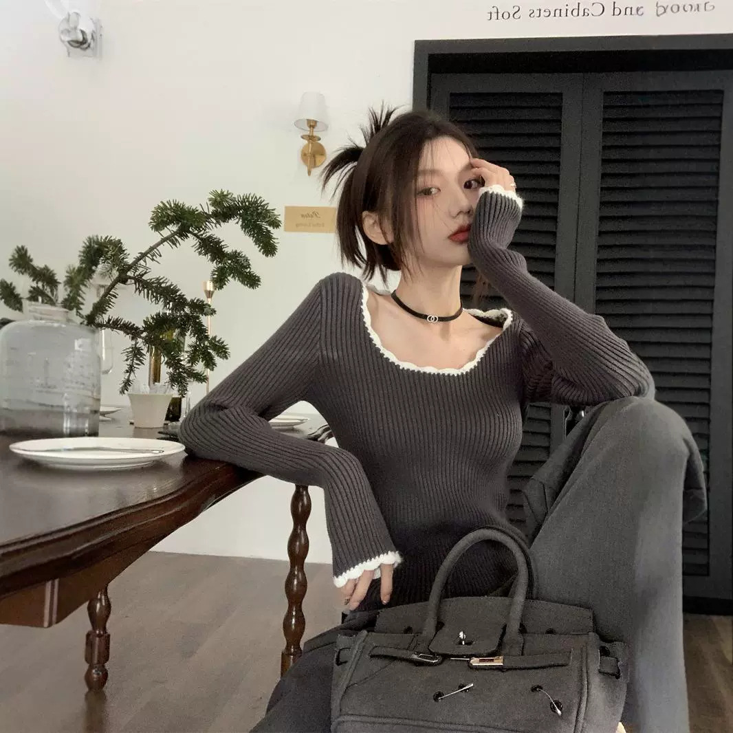 复古气质撞色打底针织衫