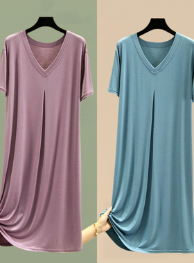 连衣裙女夏季莫代尔V领短袖家居睡裙大码宽松薄款A字裙大摆裙长裙