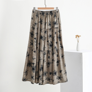 夏季绵绸新款碎花裙半身裙女大码休闲a字裙宽松显瘦人造棉打底裙
