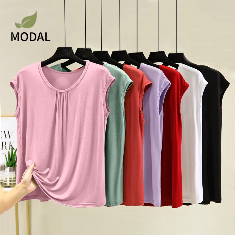 莫代尔女夏薄款圆领无袖T恤宽松简约显瘦背心纯色休闲内搭打底衫