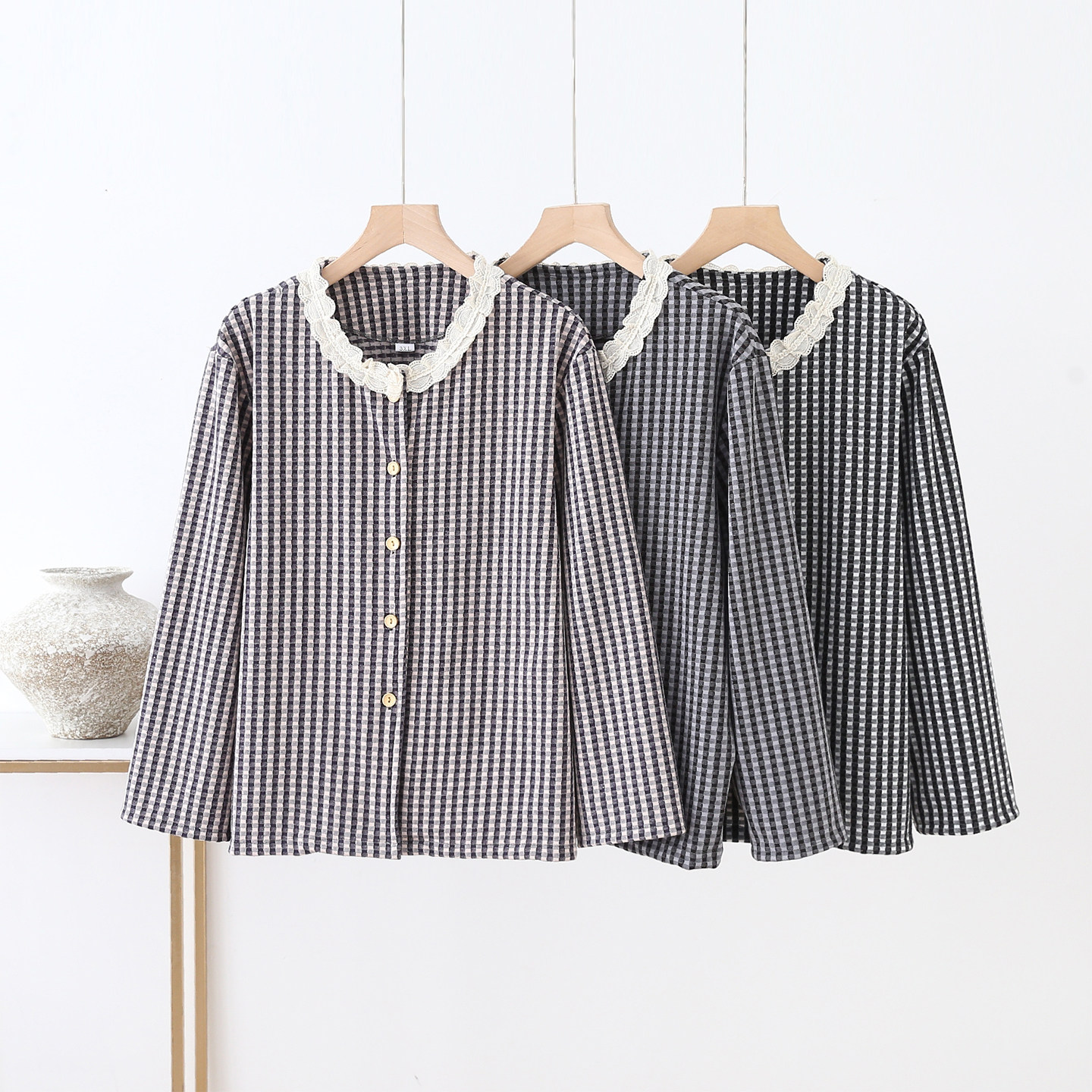德绒蕾丝边格子衫家居服加绒加厚保暖开衫上衣女冬季大码长袖T恤