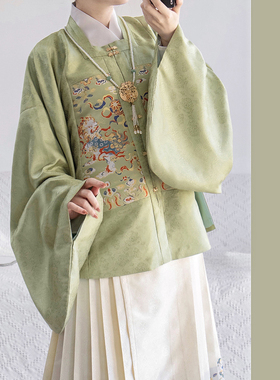 堂春三月熹狮戏球原创明制汉服日常方领补服马面裙套装女上衣古风