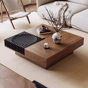 意式中古风北美黑胡桃实木茶几客厅可储物正方形中古风小户型茶几