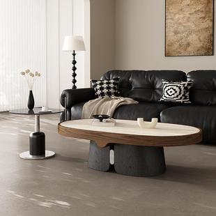 中古风实木茶几组合新款客厅家用小户型轻奢高级感椭圆形洞石茶几