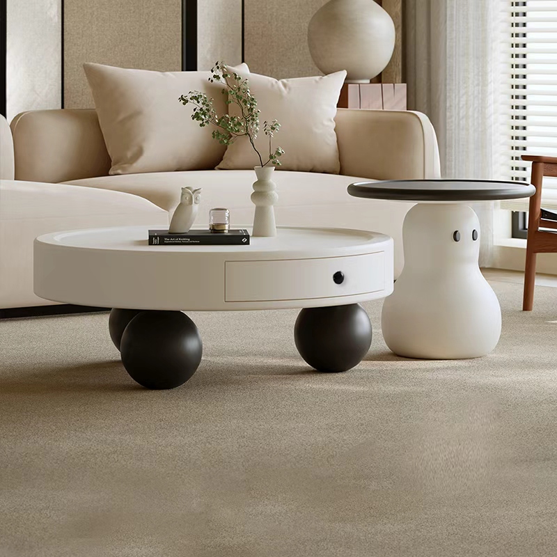 奶油风卡通雪人圆茶几客厅家用组合创意烤漆高级感极简小户型茶几