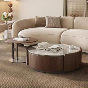 中古风茶几客厅家用小户型轻奢木纹胡桃木岩板圆形茶几电视柜组合