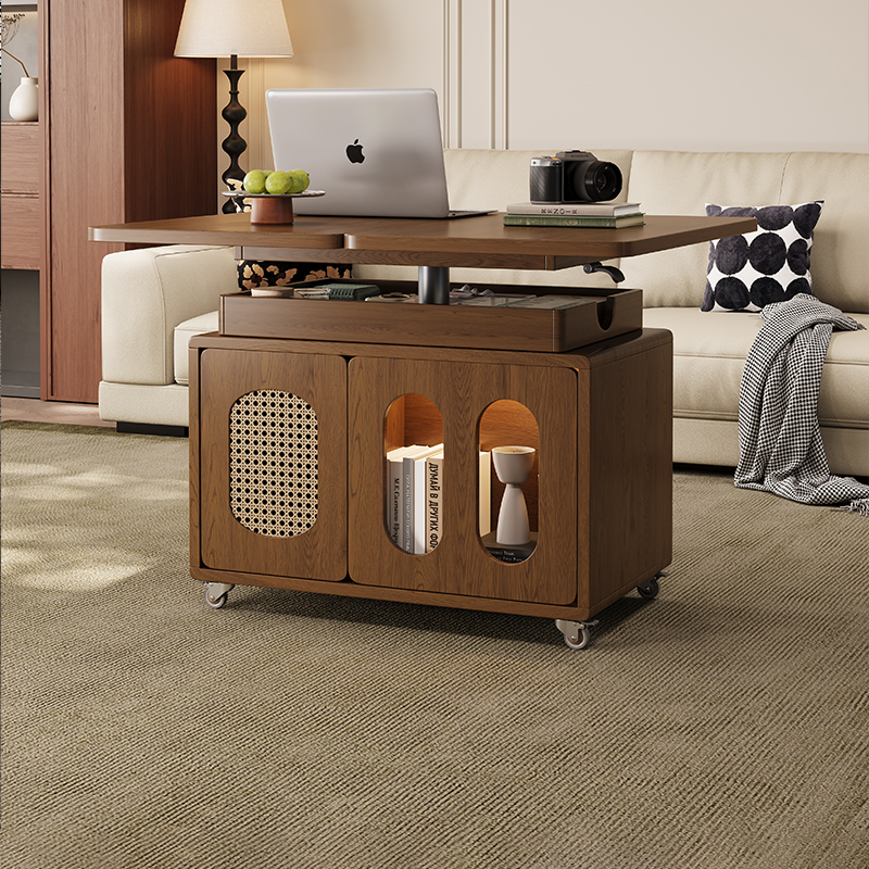 实木茶几家用客厅阳台小推车中古风小户型可移动折叠茶几沙发边几
