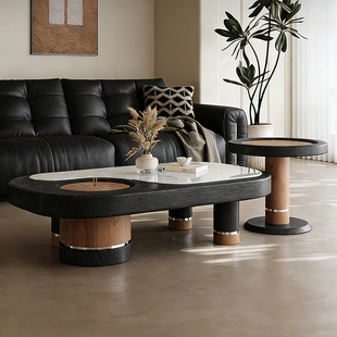 中古风茶几2026新款意式极简小户型客厅家用椭圆形微晶石茶几组合