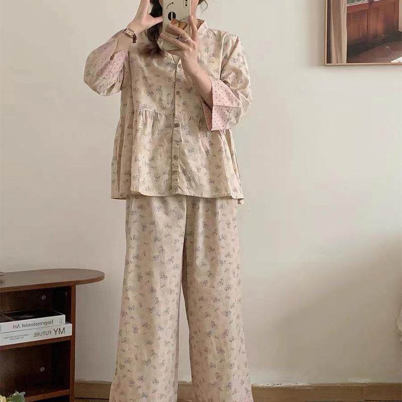 ins甜拼色碎花V领版开衫棉睡衣WRG女秋美冬韩套宽松阔腿裤家居服