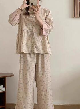 ins甜拼色碎花V领版开衫棉睡衣WRG女秋美冬韩套宽松阔腿裤家居服