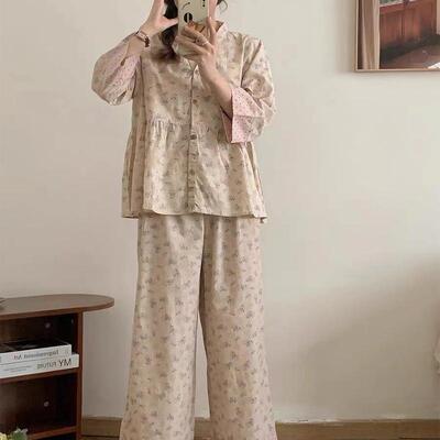 ins甜拼色碎花V领版开衫棉睡衣WRG女秋美冬韩套宽松阔腿裤家居服