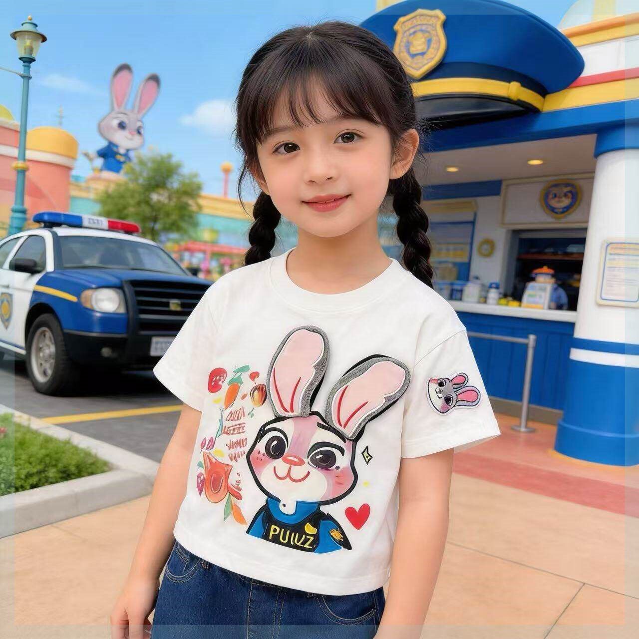 小狐狸兔子警官女童纯棉短袖T恤夏季新款洋气亲子装卡通上衣透气