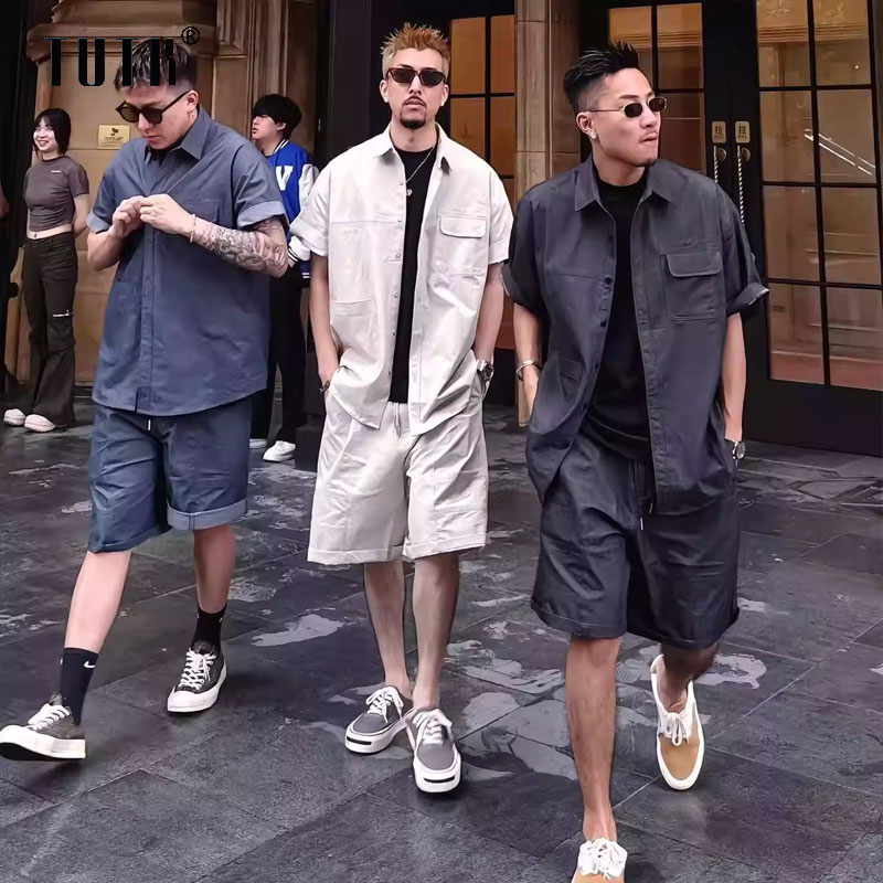 复古蜡染水洗短袖衬衫套装男夏季薄款时尚潮牌痞帅短裤男装两件套