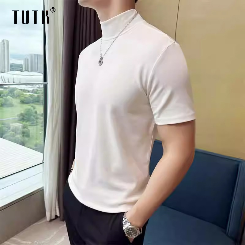 白色半高领短袖T恤男士夏季高端潮牌修身纯棉西装内搭中领打底衫