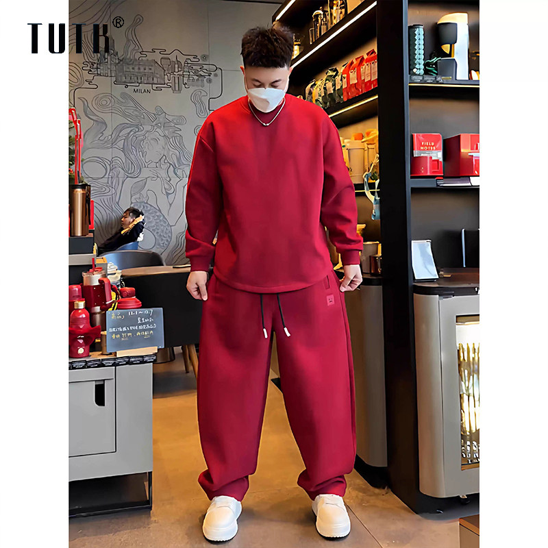 休闲运动套装男士秋冬季潮牌宽松圆领刺绣卫衣卫裤男装搭配一整套