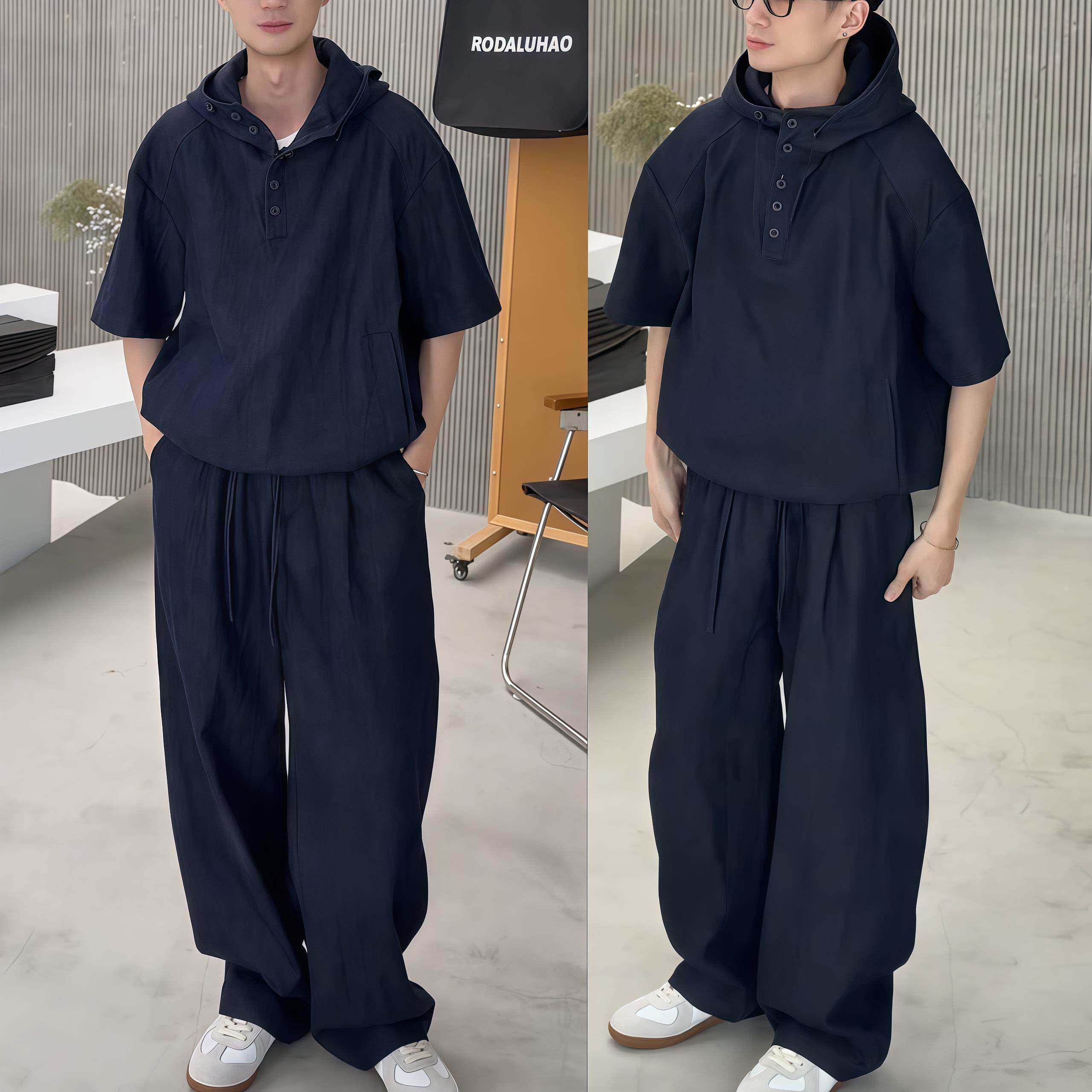 棉麻牛仔套装男士夏季时尚潮牌痞帅连帽衬衫休闲长裤男装搭配一套