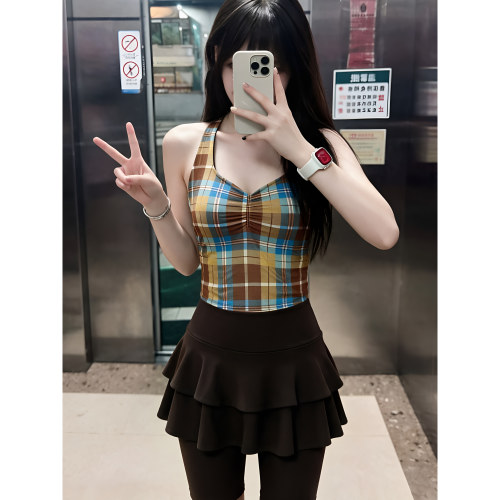 【Vict】印花褶皱瑜伽挂脖细带美背运动背心普拉提吊带上衣带胸垫