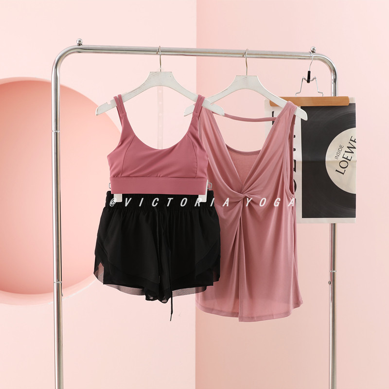 性感美背背心女高腰防走光健身房跑步外穿假两件短裤运动瑜伽套装
