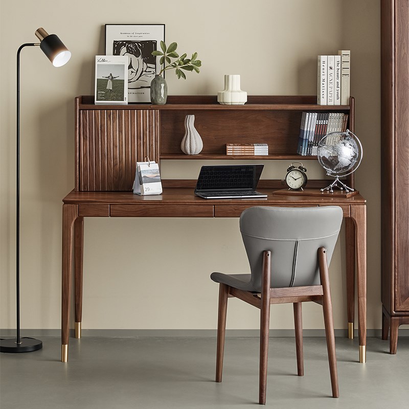 北美黑胡桃木实木书桌带书架简约办公桌卧室梳妆台多功能学习桌