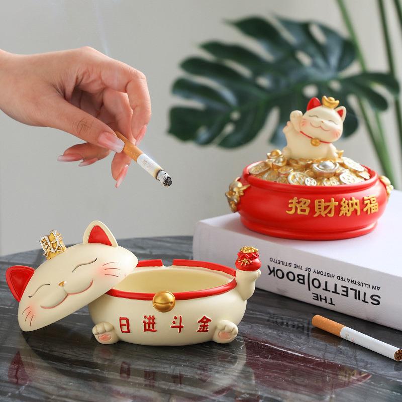 创意猫烟灰缸个性潮流家用客厅办公室防飞灰带盖子可爱少女心绢花