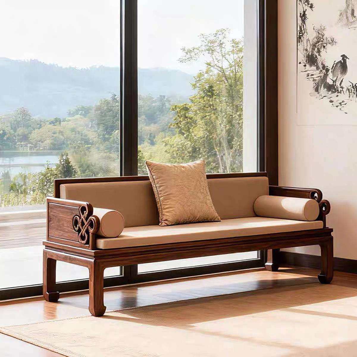 新中式北美黑胡桃木罗汉床宋式美学实木沙发客厅极简国风管帽沙发