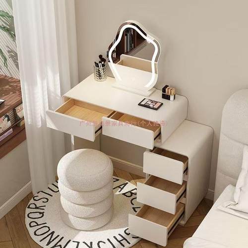 烤漆梳妆台小户型奶油风储物柜化妆台现代简约卧室实木化妆桌一体