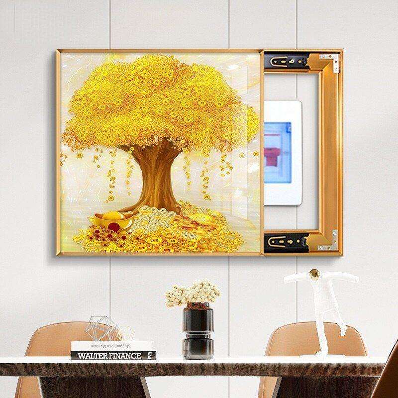 电表箱装饰画2025新款轻奢发财树免打孔电闸盒配电箱遮挡盖板挂画