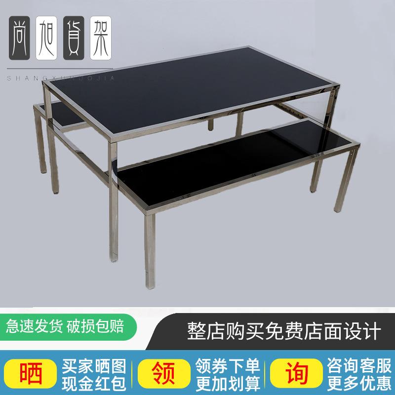 尚旭现货伸缩不锈钢高低展示台木制促销台服装店道具展示架