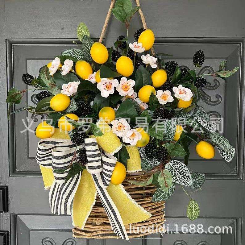 新品夏季柠檬花篮挂饰夏天花环春季花环门挂柠檬花圈前门壁挂