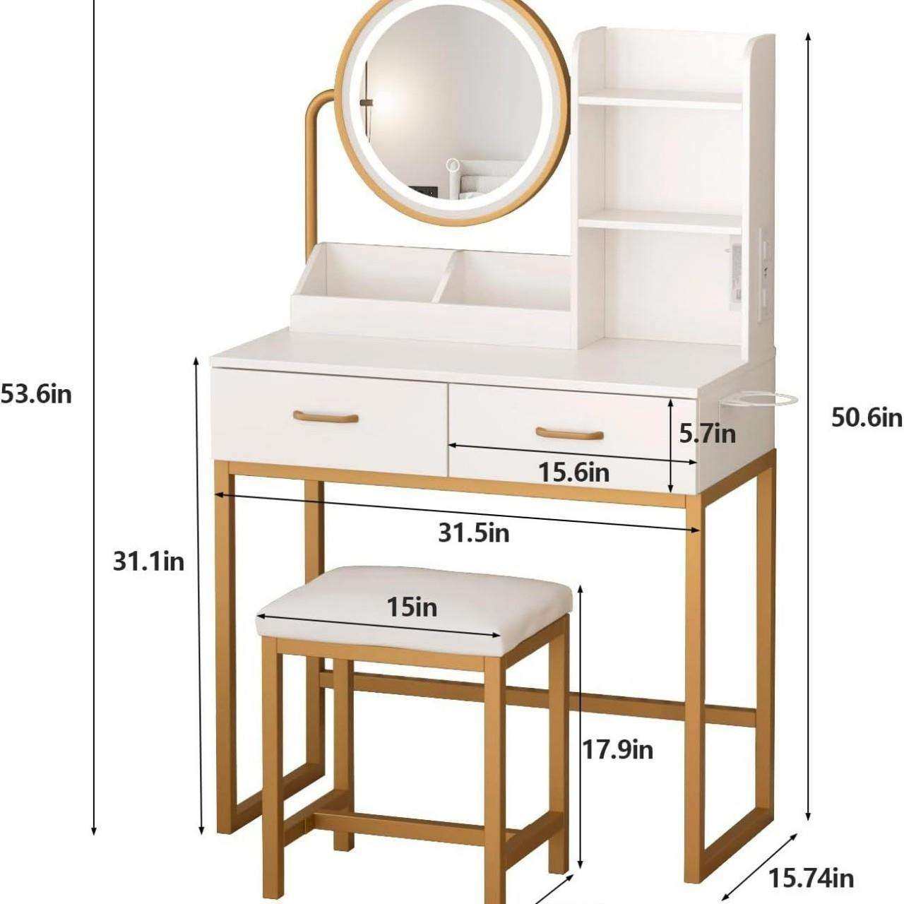 卧室梳妆台套装带照明圆镜和软包凳子三色LED灯抽屉储物化妆台