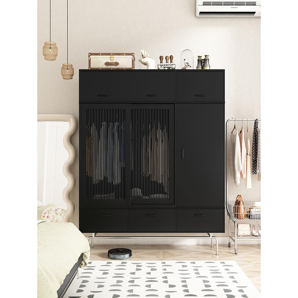 9QXC黑色衣柜实木法式简易收纳柜两门衣橱复古民宿家用卧室推拉门