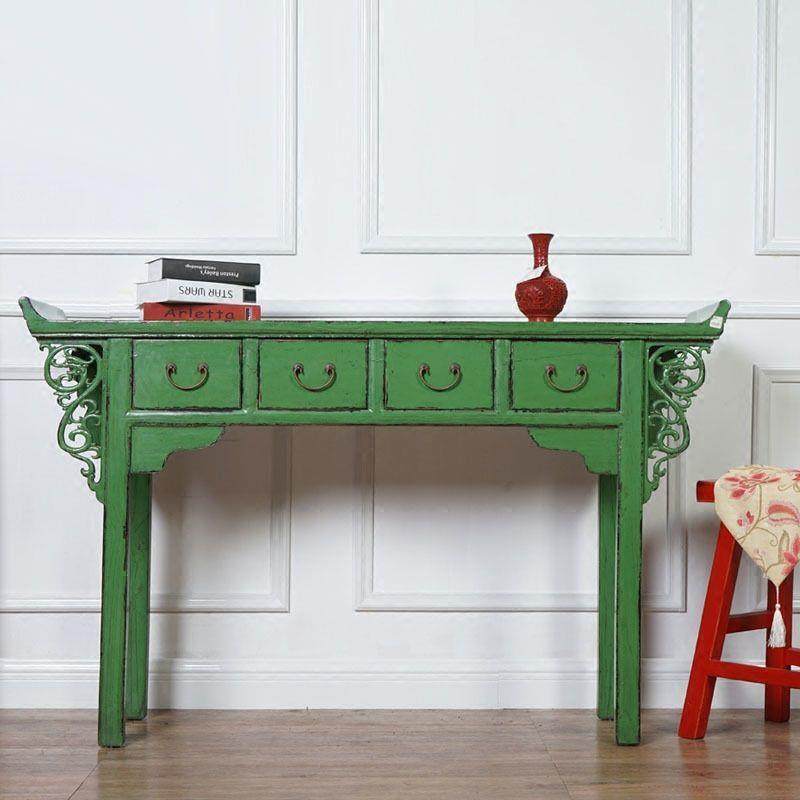 中式绿色翘头条案实木仿古做旧玄关桌神台明清古典家具案台可现货