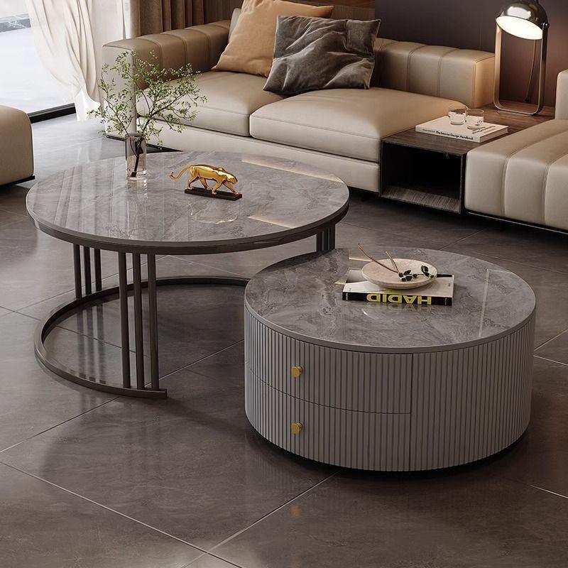 茶几客厅家用轻奢简约现代小户型北欧风意式边几岩板圆形小茶几桌