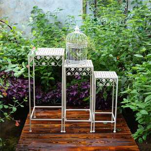 铁艺方形高款花架三件套复古做旧绿萝花托盆栽架组合阶梯层次装饰