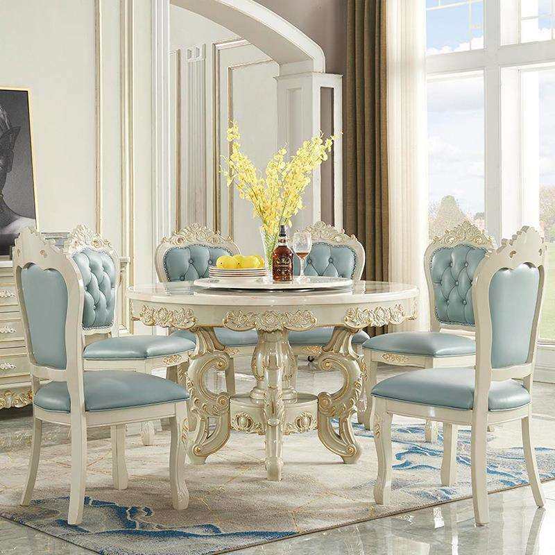 欧式餐桌椅组合大理石圆桌带转盘6人8人家用实木雕花豪华圆形饭桌