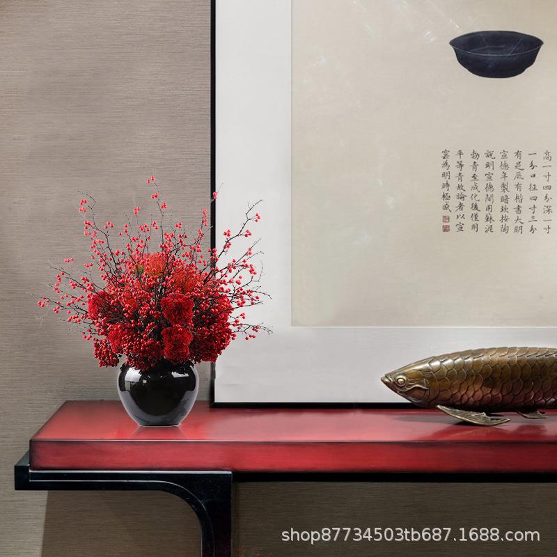 中式仿真红色果子野浆果整体花艺喜庆婚庆新居玄关大厅售楼处摆件