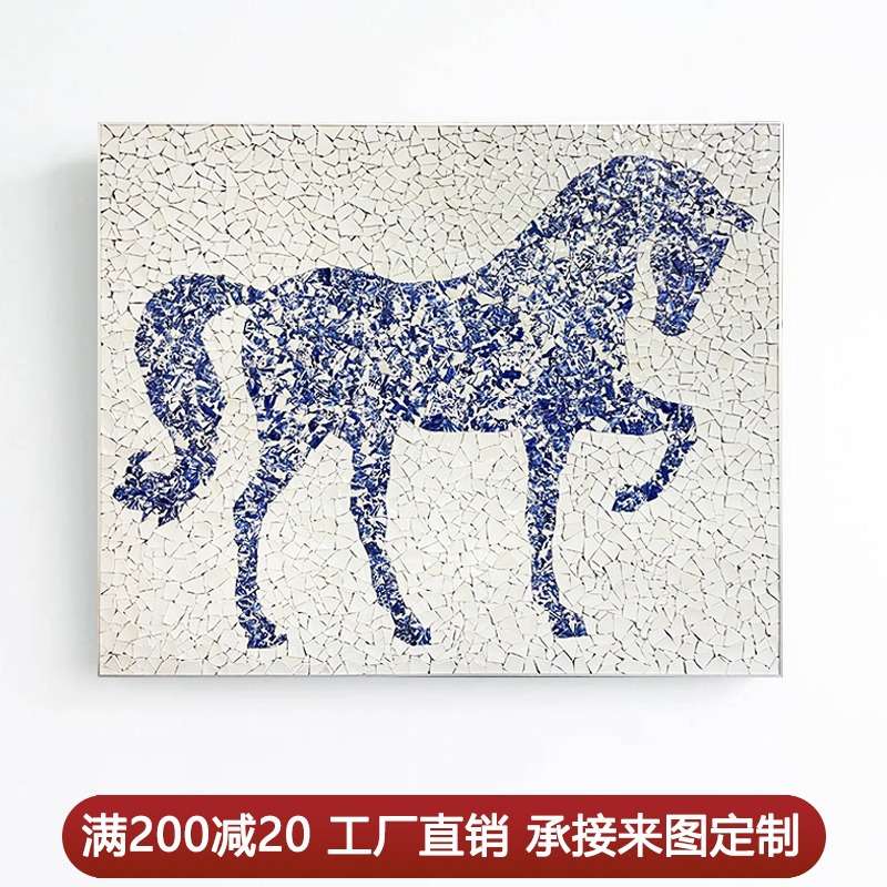 现代轻奢客厅装饰画青花瓷骏马玄关入户墙画高端沙发背景正门挂画图片